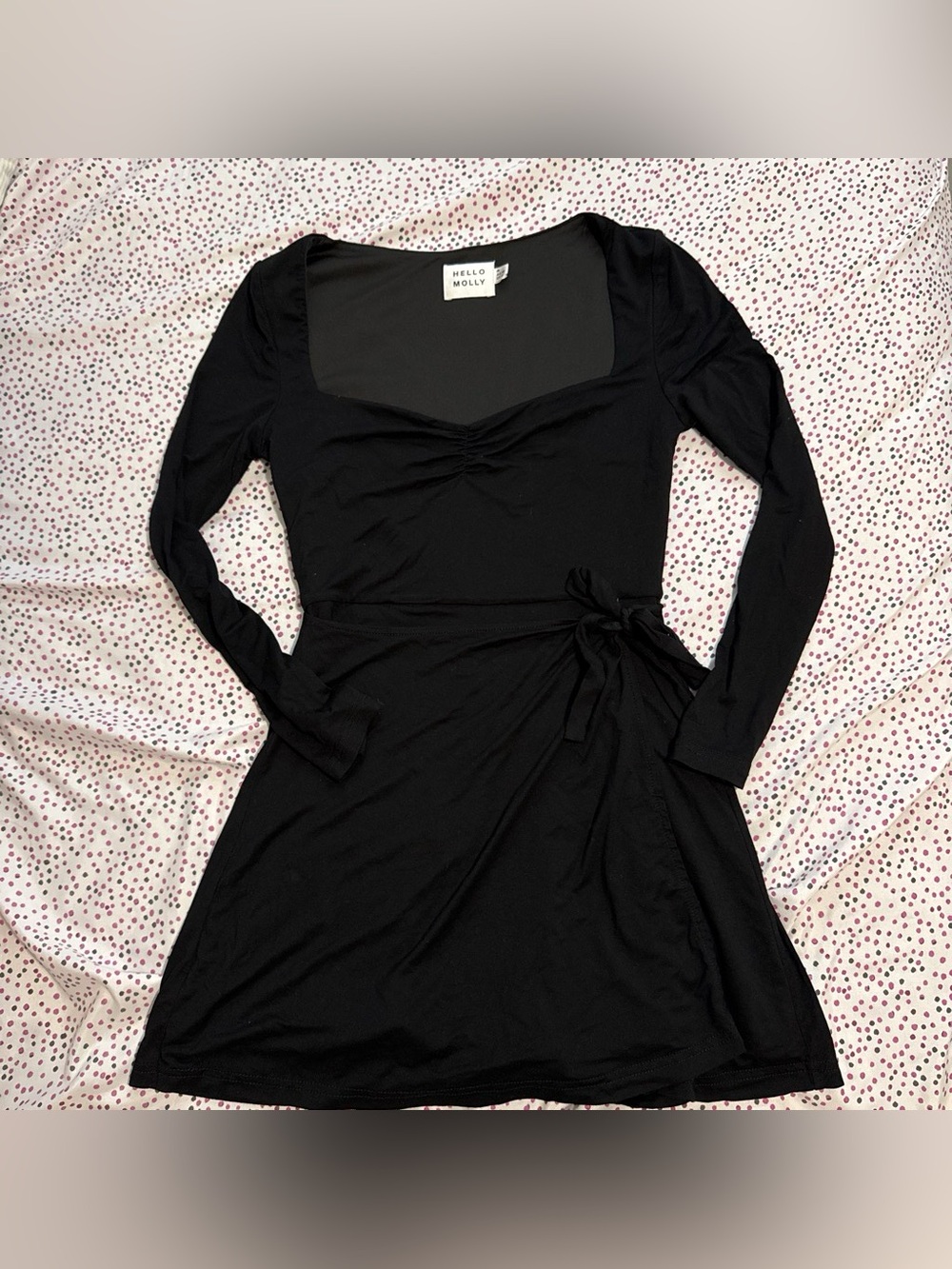 Hello Molly Black Long Sleeve Square Neck Wrap Dress